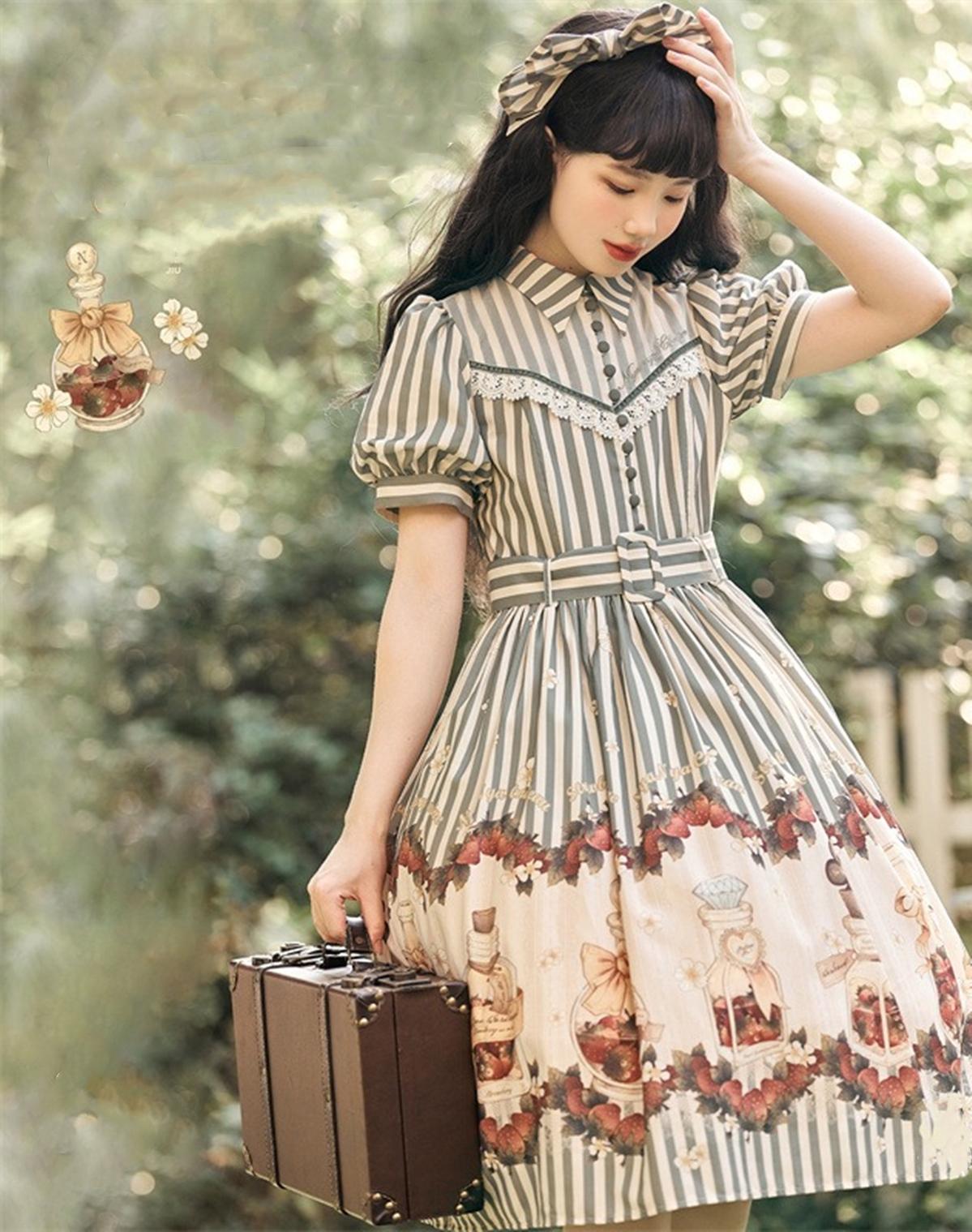 Retro Lolita Dress Strawberry Print Short Sleeve OP Embroidery Shirt 37248:558170