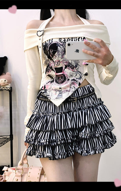 Jirai Kei Hoodie Skirt Set Stripe Hoodie Bunny Ear Coat 34402:460486
