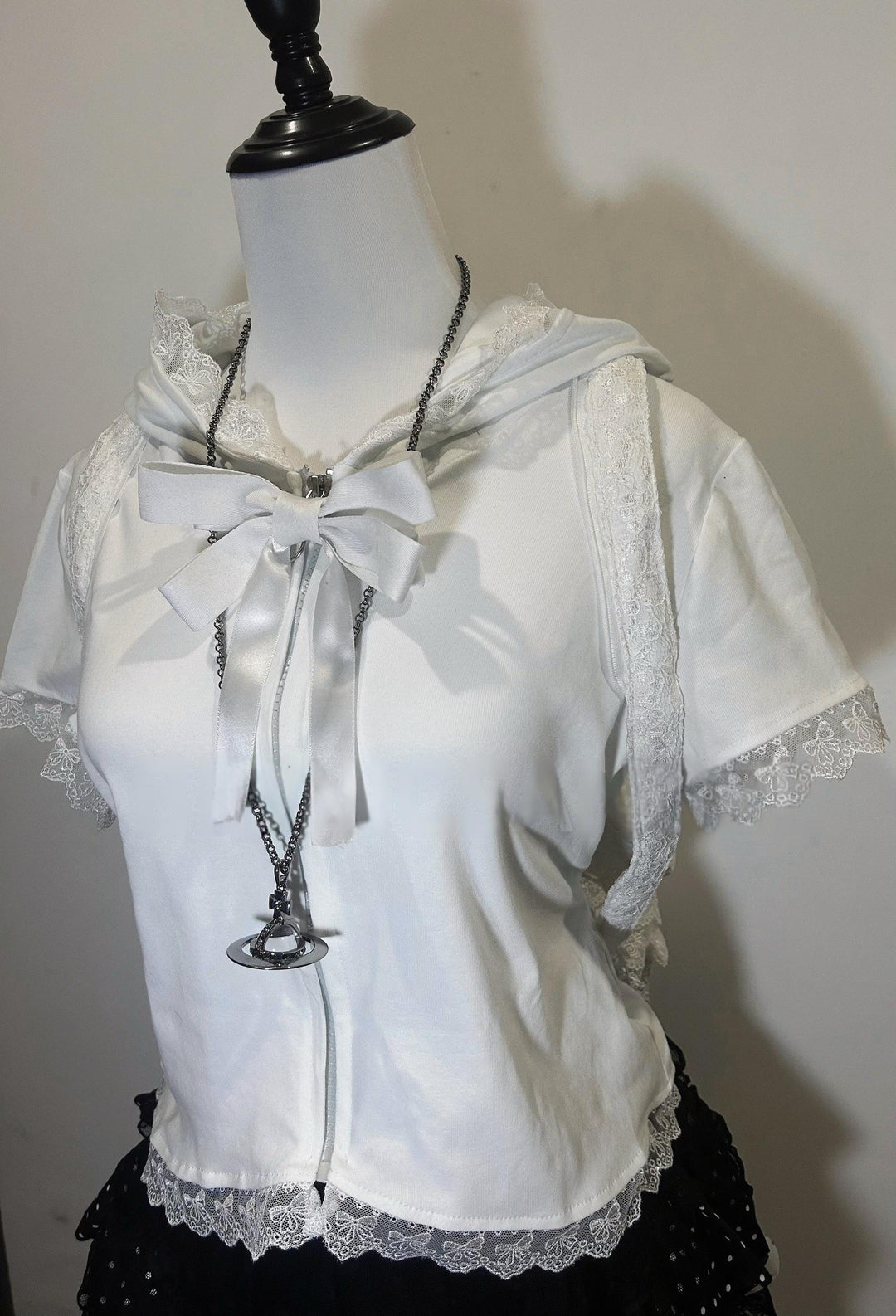 Jirai Kei Blouse Cat Ear Short Sleeve White Black Shirt 37630:733936