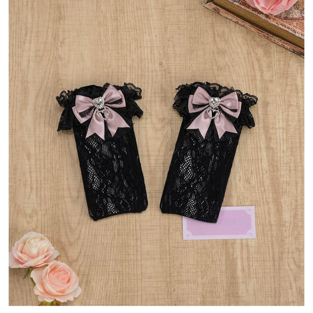 Jirai Kei Socks Heart Rhinestone Bow Lace Mid Calf Socks 39108:626370