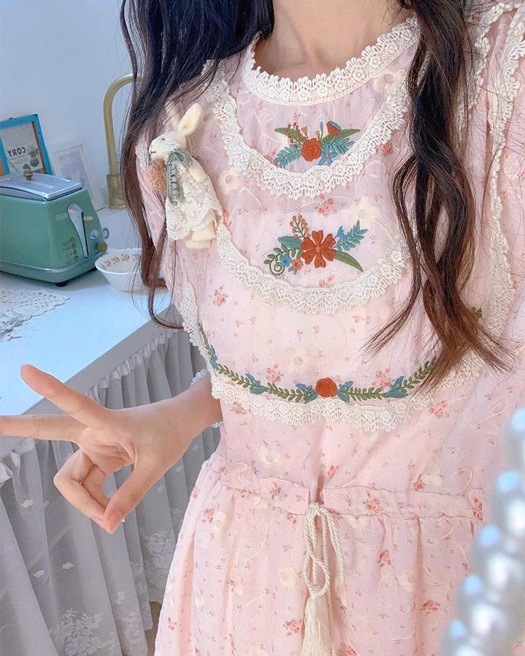 Mori Kei Dress Pink Floral Dress Short Sleeve Dress 36208:523666