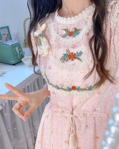 Mori Kei Dress Pink Floral Dress Short Sleeve Dress 36208:523666