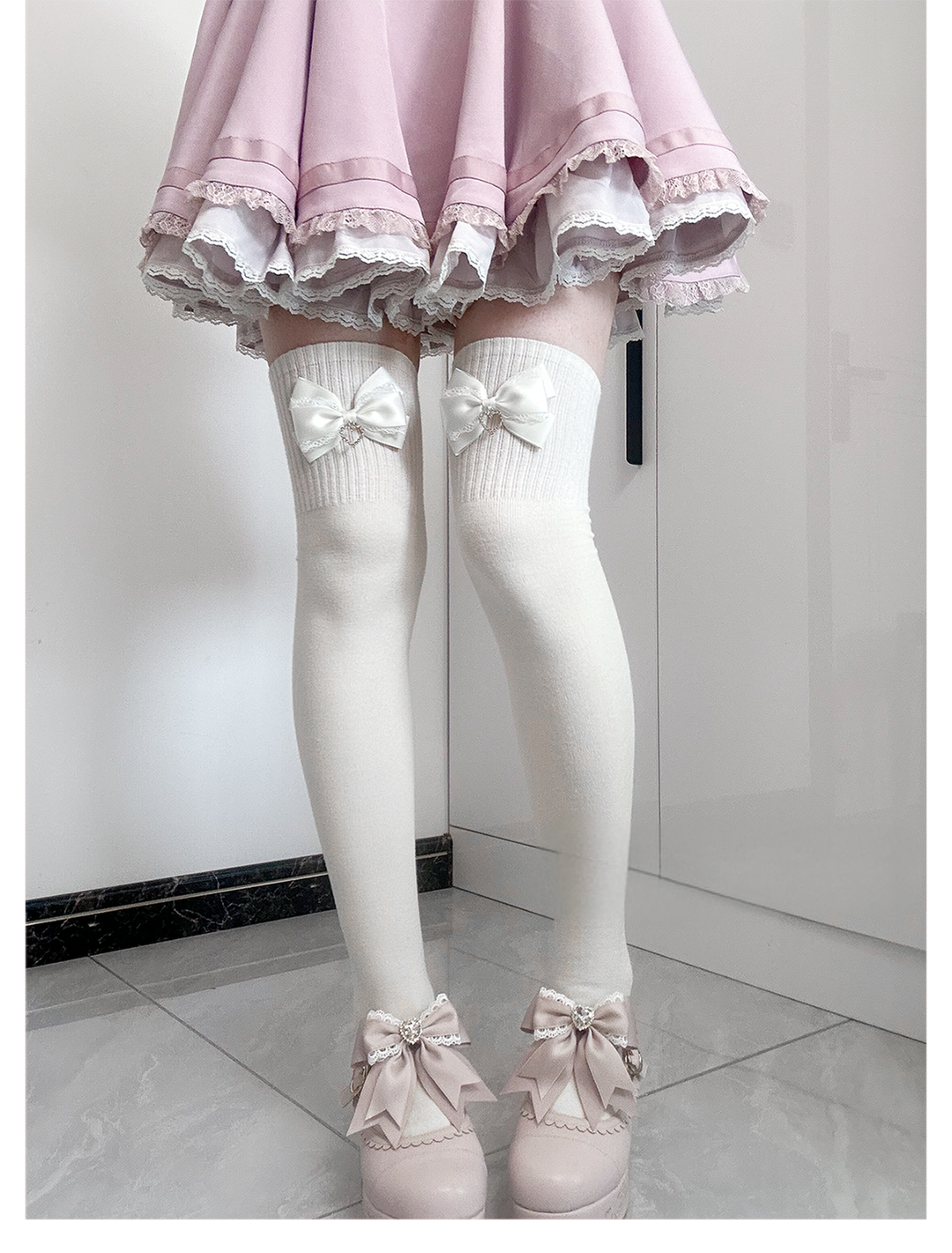 Jirai Kei Socks Cute Cashmere Thighhighs With Lace Bow 41744:716878