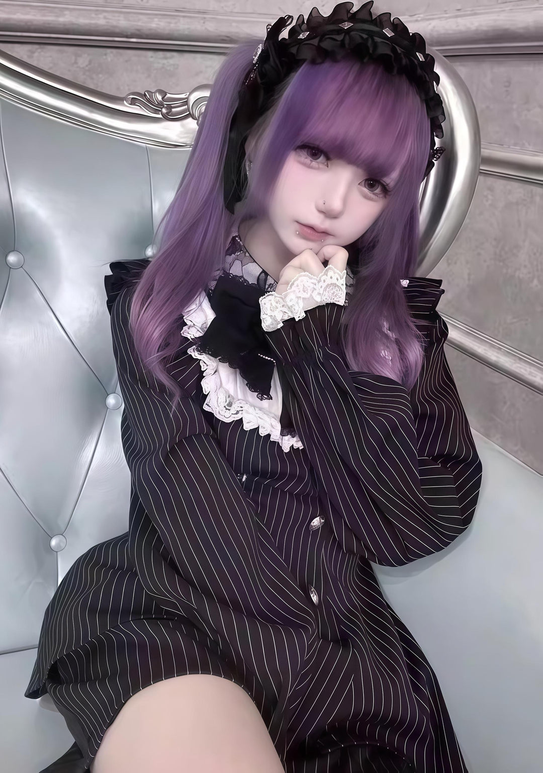 Black Striped Jirai Kei Set Up, Waist-cinching Dress 44921:828349