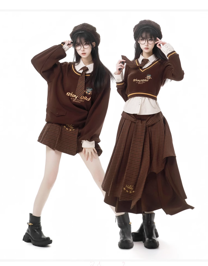 Preppy Outfit Set Fake Two-Piece Sweatshirt Pleated Skirt Set 41116:696552