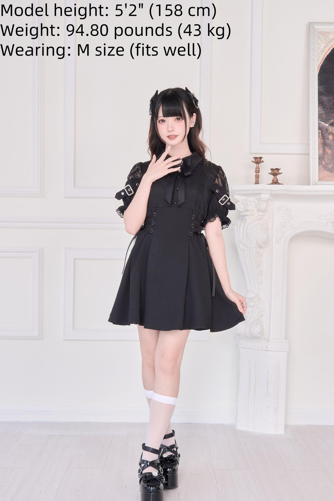 Lace Shoulder Jirai Kei Dress, Pleated Skirt 43534:779118