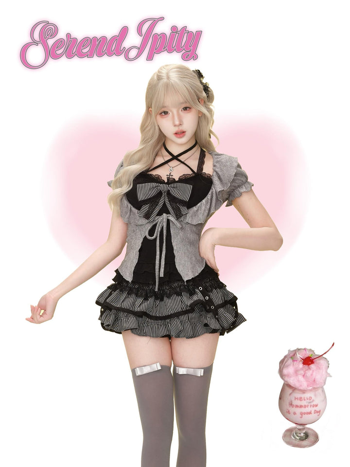 Gyaru Mini Cake Skirt Outfit, Light Cardigan 43428:780224