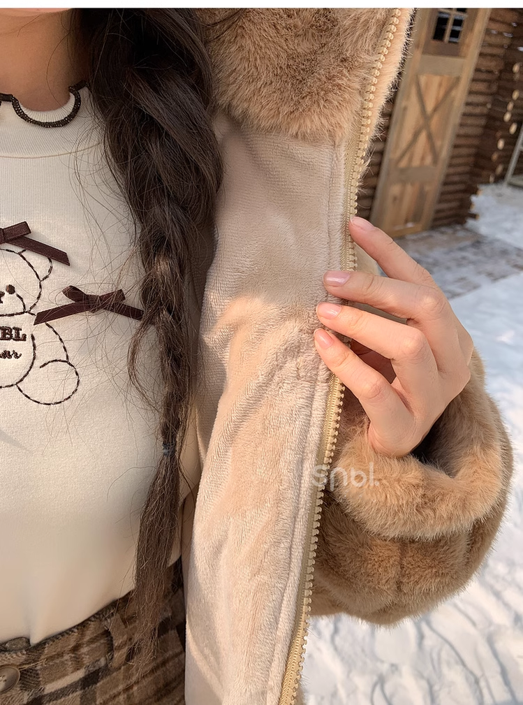 Kawaii Winter Coat Fleece Brown Hooded Coat With Bear Ears 40222:659208