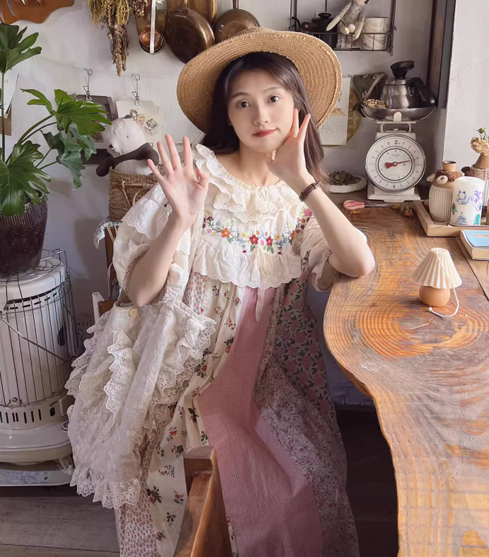 Mori Kei Cottagecore Dress Floral Dress Lantern Sleeves Dress 36216:524398