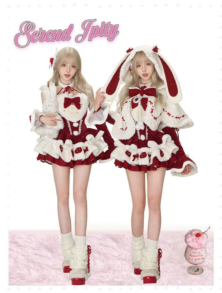 Kawaii Christmas Red Velvet Dress And White Bunny Ear Cape 41118:686518