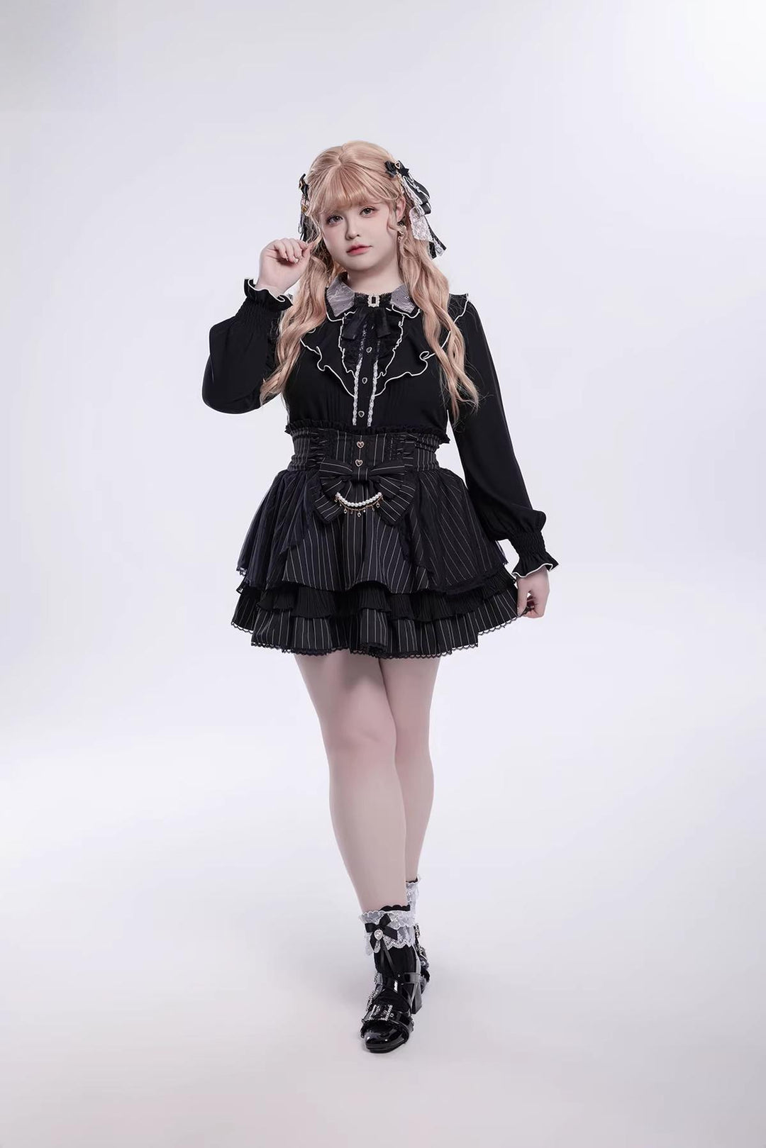 Jirai Kei Long-Sleeved Shirt, Ruffled Collar 45128:835597