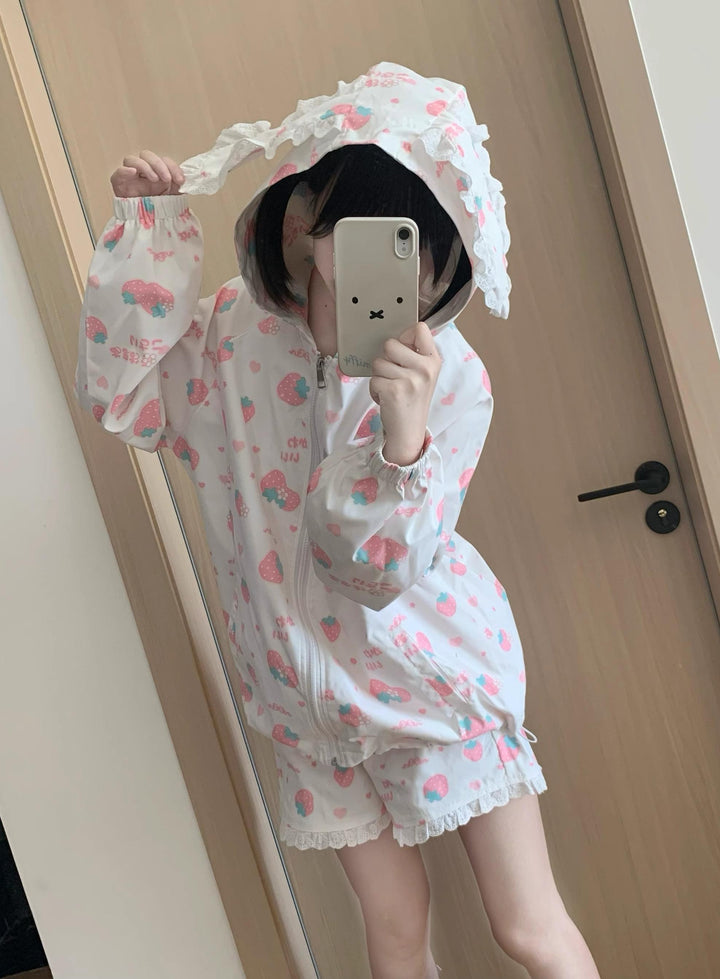 Kawaii Bunny Ears Jacket Set With Strawberry Bunny Prints 42900:760371