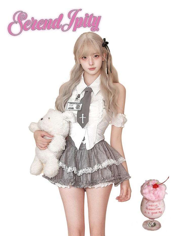 Preppy-Inspired Gyaru Halter Neck Blouse, Mini Skirt 43429:780235