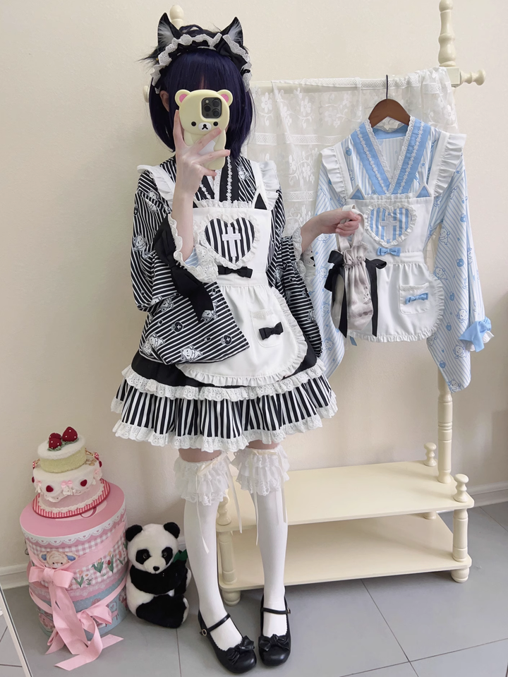 Kimono Lolita Blouse Striped Housemaid Skirt Set 37640:609506