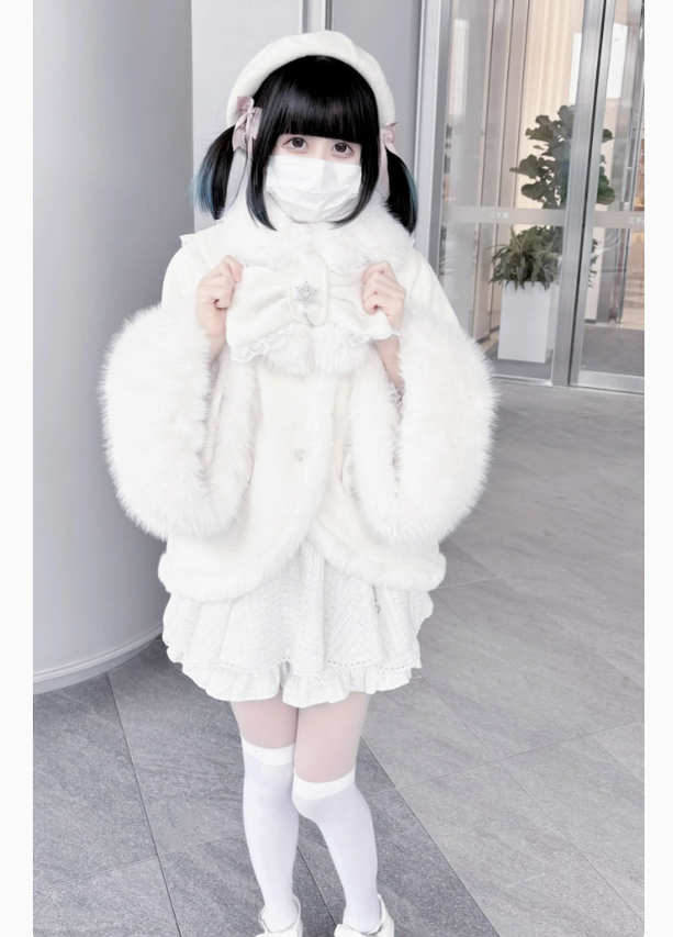 Jirai Kei Wool Coat Fur Collar Big Bow Knot Winter Coat 40572:674348