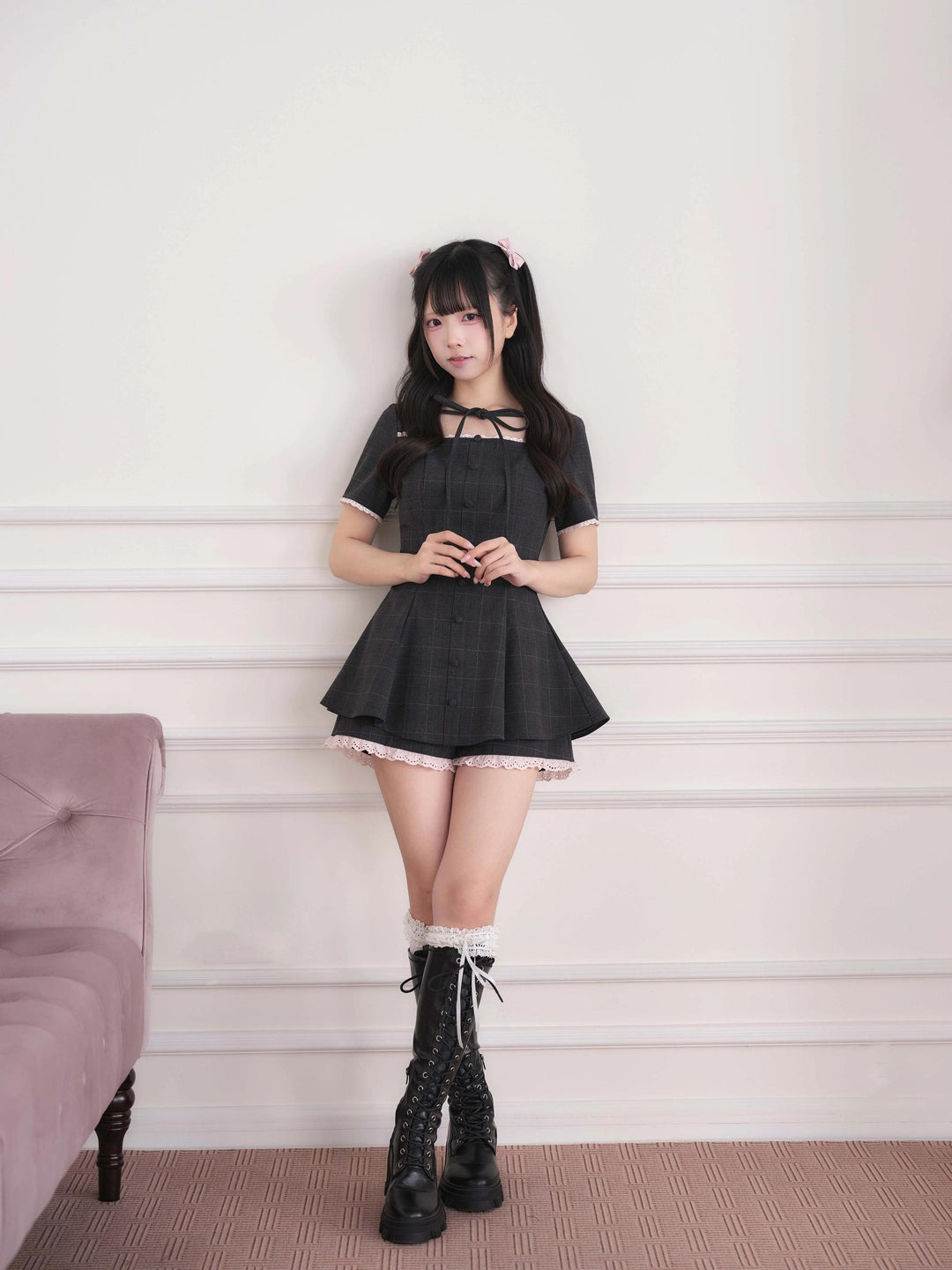Ryousangata Lace Trim Dress & Elastic Shorts Set 45835:864545