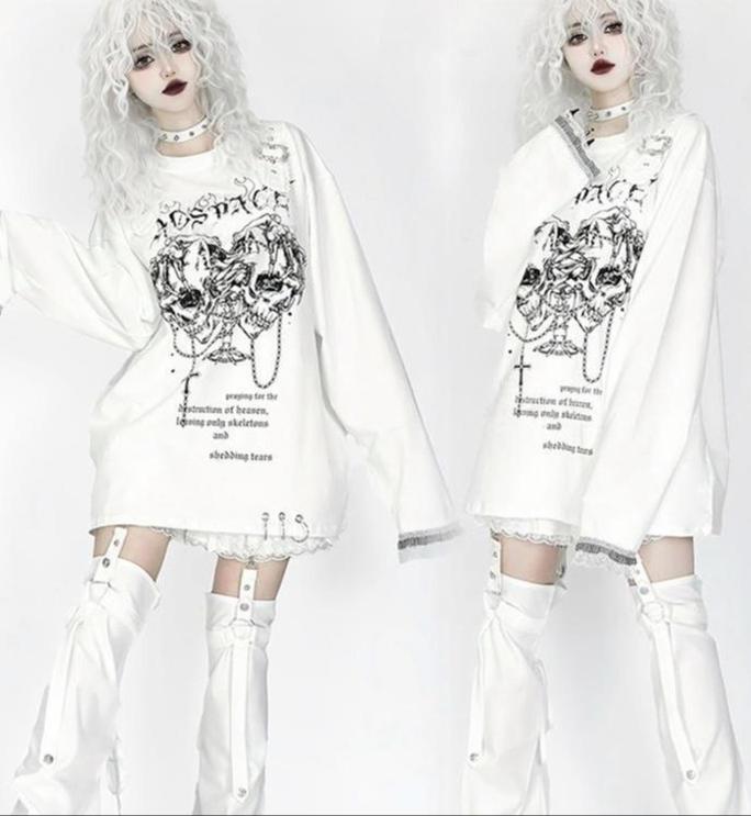 Jirai Kei Top Double Skull Print Long Sleeve T-Shirt 39936:647082