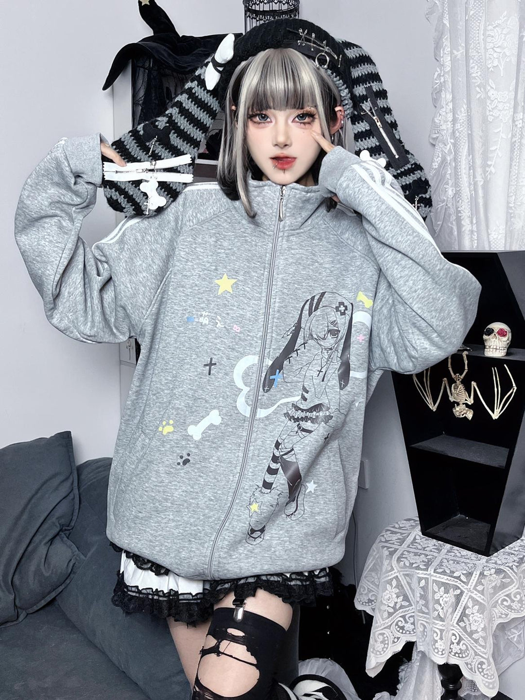 Plus Size Kawaii Jacket Grey Stand Collar Hoodie 35340:489212 35340:489212