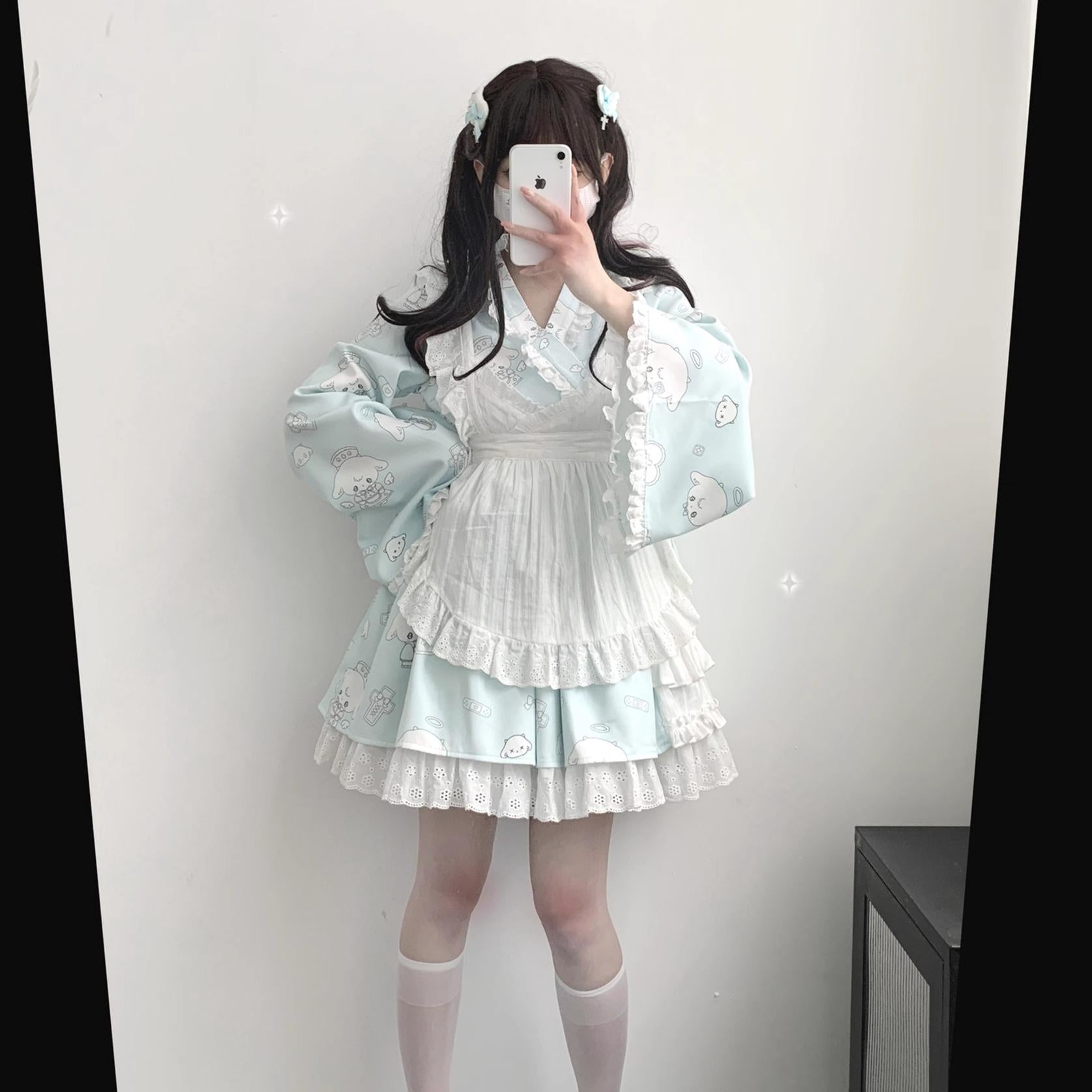 Tenshi Kaiwai Patchwork Skirt Kimono Top White Apron Three-Piece Set 36786:536714