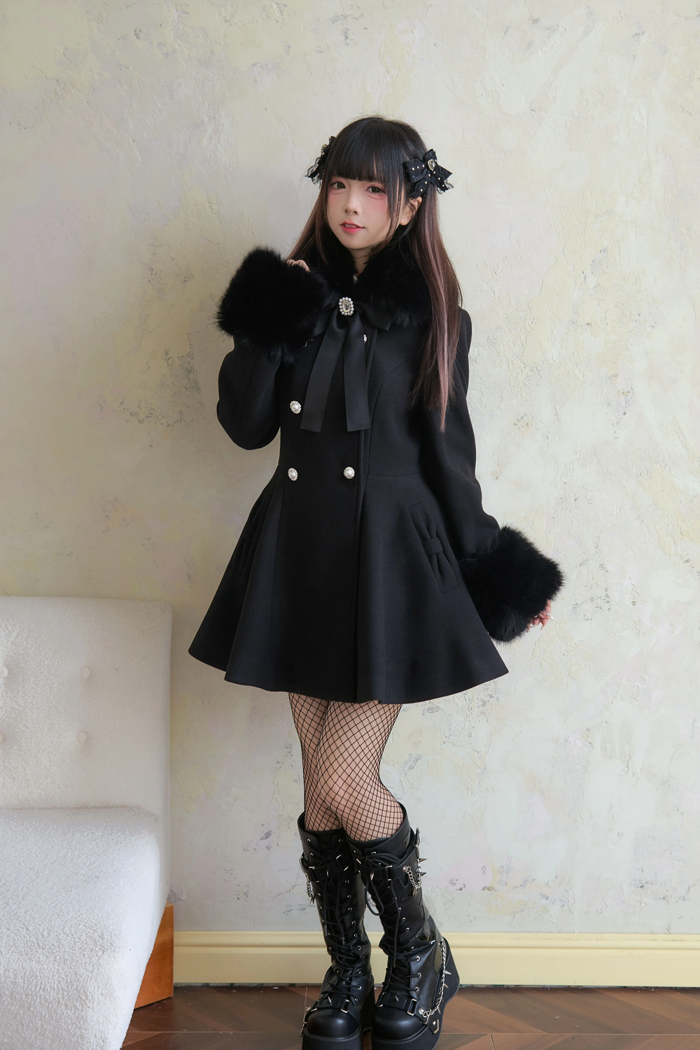 Jirai Kei Winter Coat Mid-length Coat Slim Fit Big Hem Coat 40570:674394