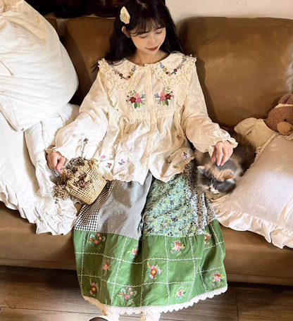 Mori Kei Skirt Green Floral Patchwork Skirt Vintage Skirt 36224:524936