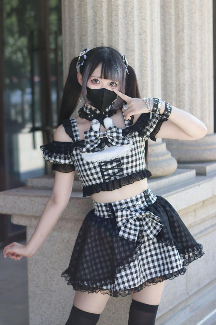 Plaid Stage Jirai Kei Outfit, Furry Bunny Ear Blouse, Skirt 43614:780923