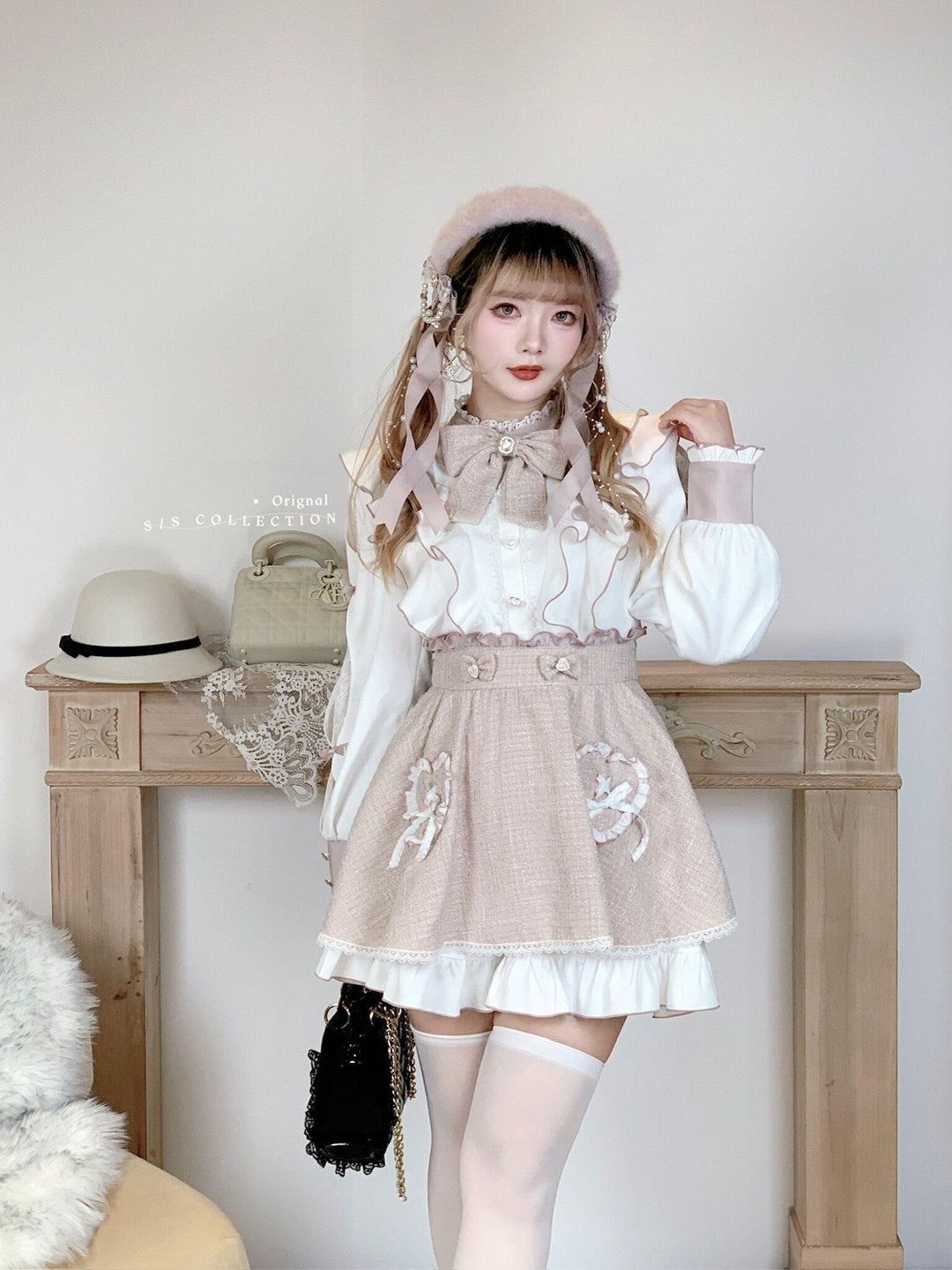 Pink and White Ryousangata Tweed Dress, Elastic Shorts 44755:825273