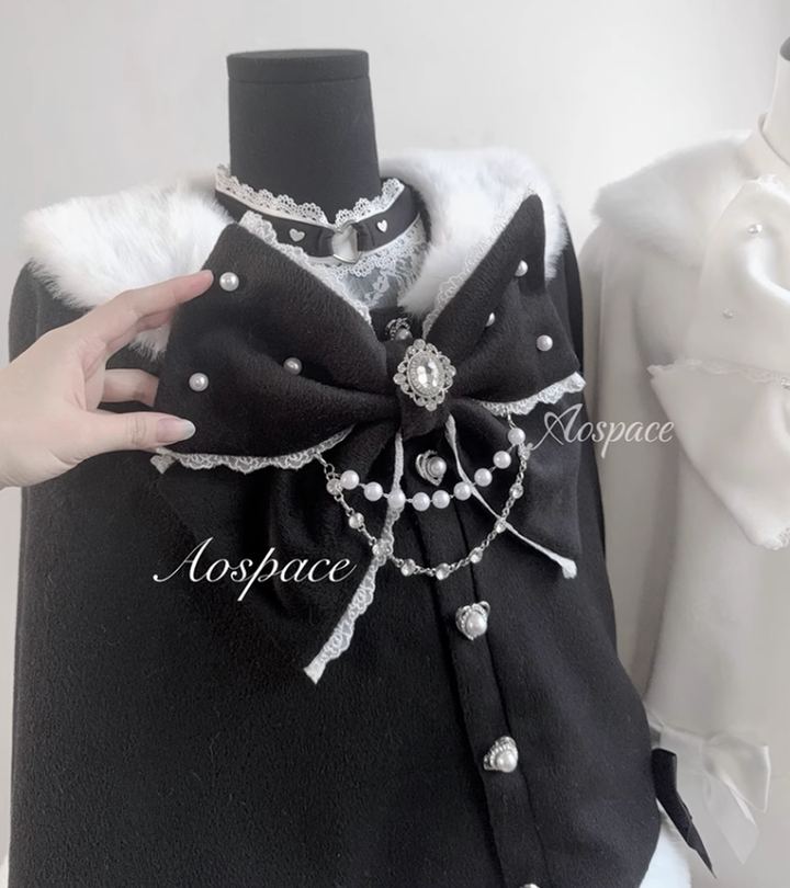 Jirai Kei Cape Plush Coat With Rhinestone Bow Knot 42149:731005