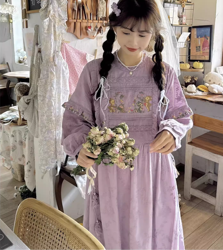 Mori Kei Dress Cottagecore Dress Purple Embroidered Dress 36248:534804