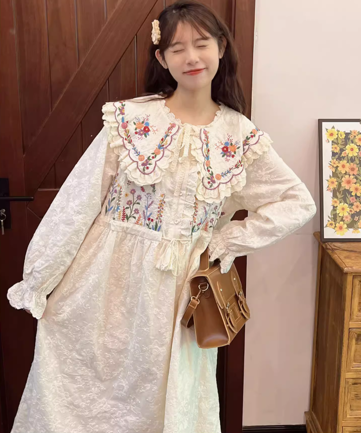 Cottagecore Dress Mori Kei Dress Embroidered Lace Dress 36214:524384