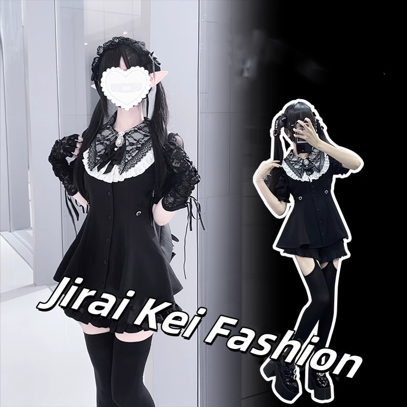 Jirai Kei Outfit Set Black Lace Dress And Shorts Set 39504:628752