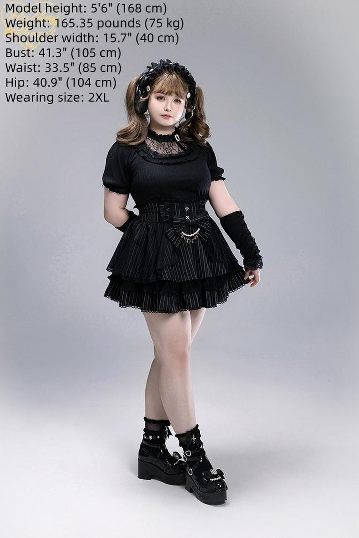 Striped High Waist Jirai Kei Skirt, Detachable Bow 43679:785994