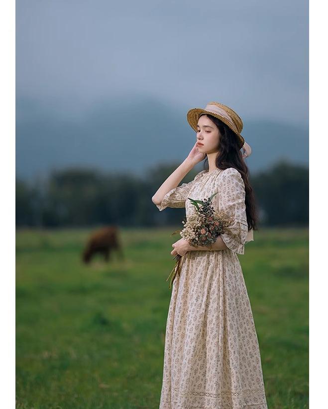 Mori Kei Dress Cottagecore Floral Dress French Artistic Cotton Dress 36340:546932
