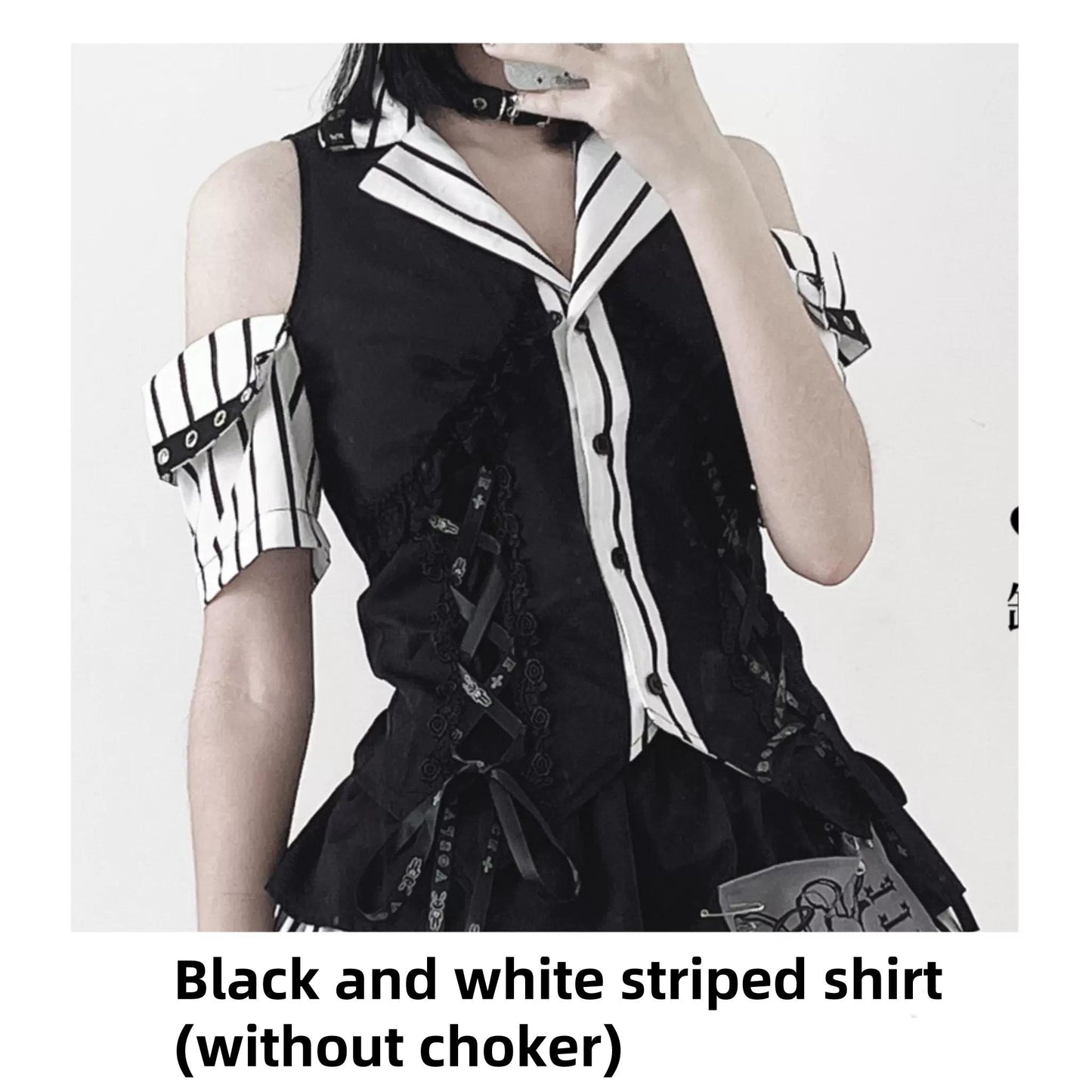 Jirai Kei Off-shoulder Striped Shirt And Ruffled Hem Skirt (L M S) 37558:564426