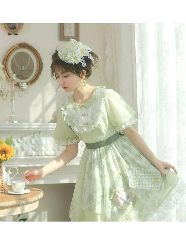 Cottagecore Dress Green Patchwork Lace Lolita Dress 35906:568568