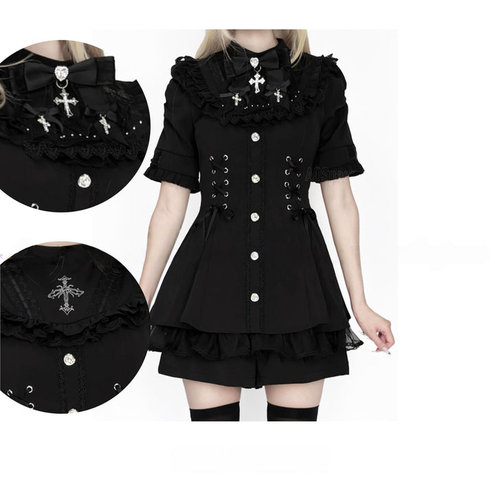 Short-sleeved Ryousangata Dress, Detachable Bowtie (L M S XL) 43823:786802