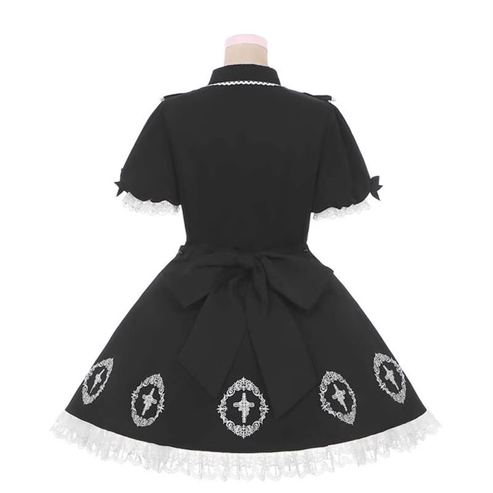 Black Jirai Kei Dress with Cross Embroidery and Big Bow Train 42281:735081