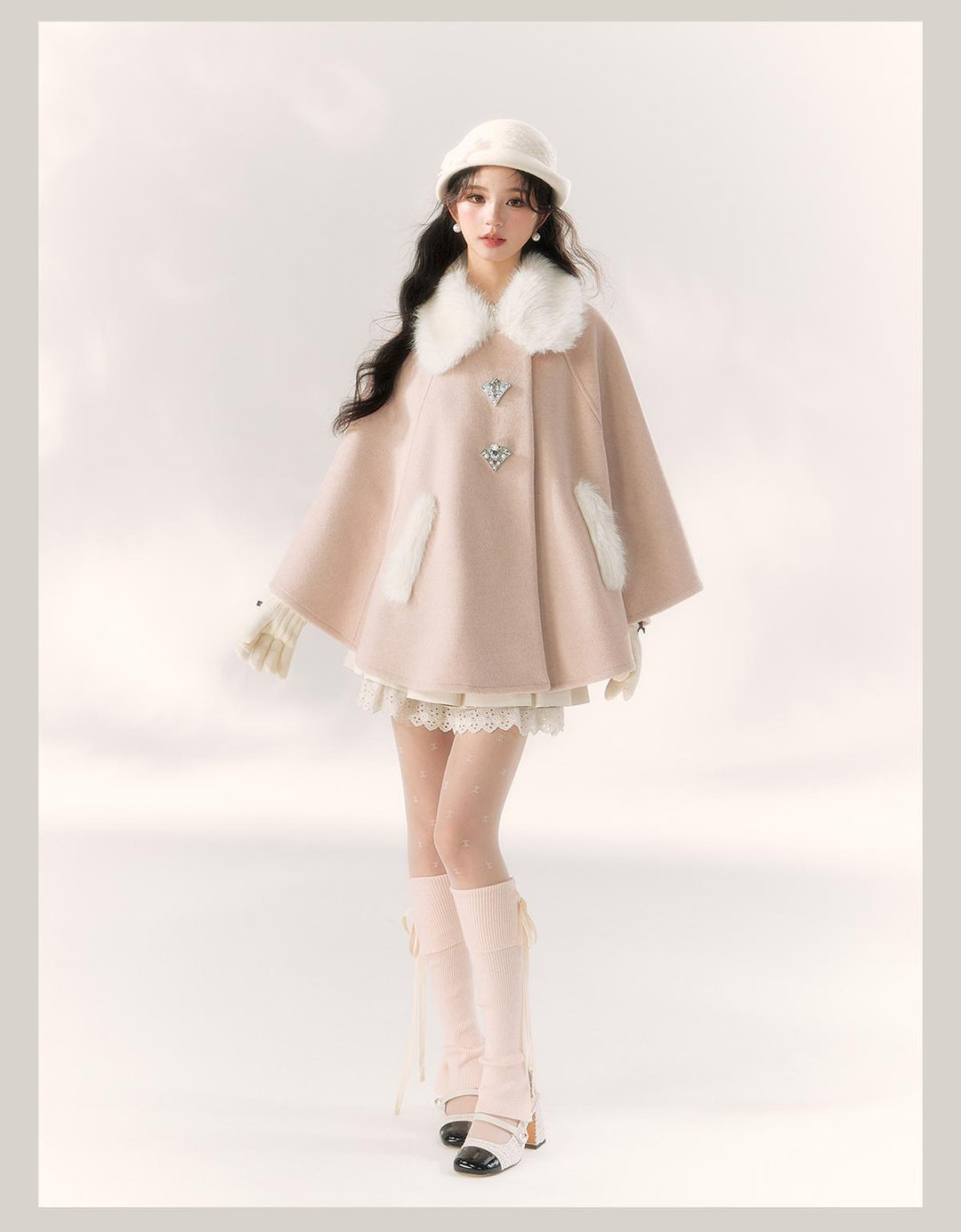 Jirai Kei Cape Woolen Coat Winter Fur Collar Coat 41062:685626