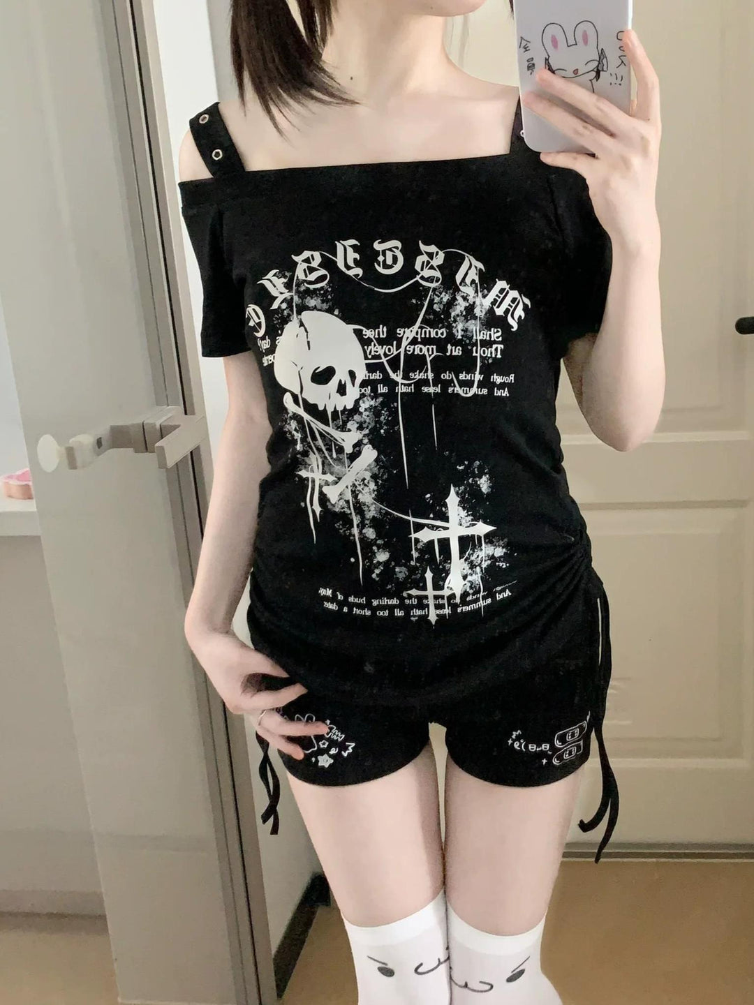 Subculture Skull Printed T-Shirt, Side Drawstring 45643:858242