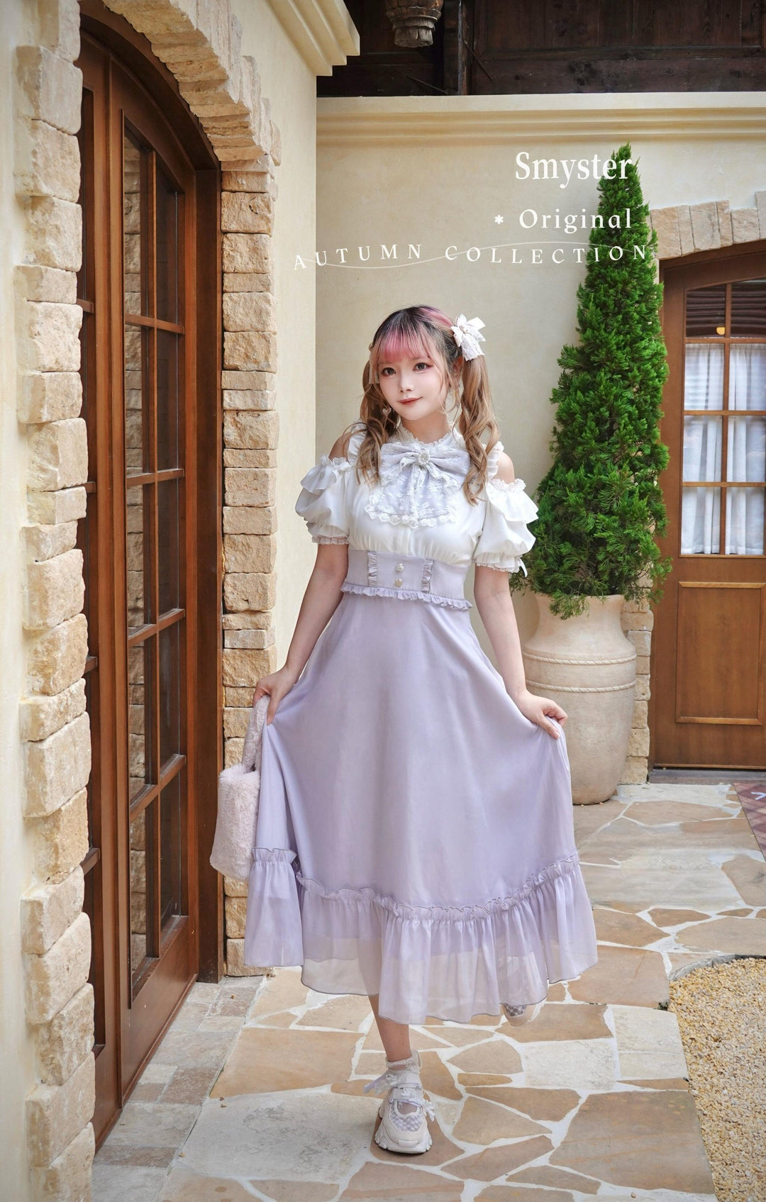 Jirai Kei Open-Shoulder Long Dress, Detachable Bow (Pre-order / 2XL 3XL L M S XL) 44754:824048