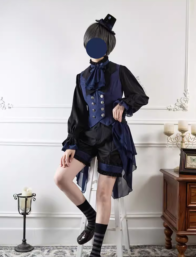 Ouji Lolita Prince Outfit Navy Blue Lolita Blouse Skirt Set 39360:633268