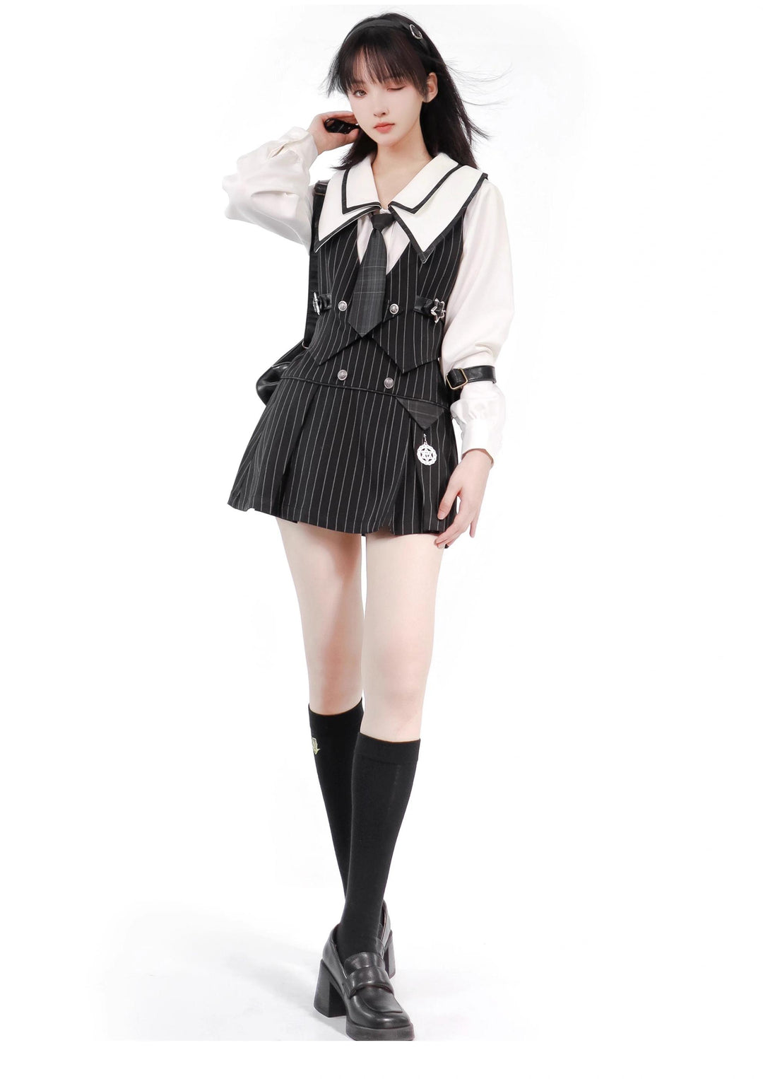 Black Striped Blazer Skirt with White Shirt Set 29366:355444 29366:355444