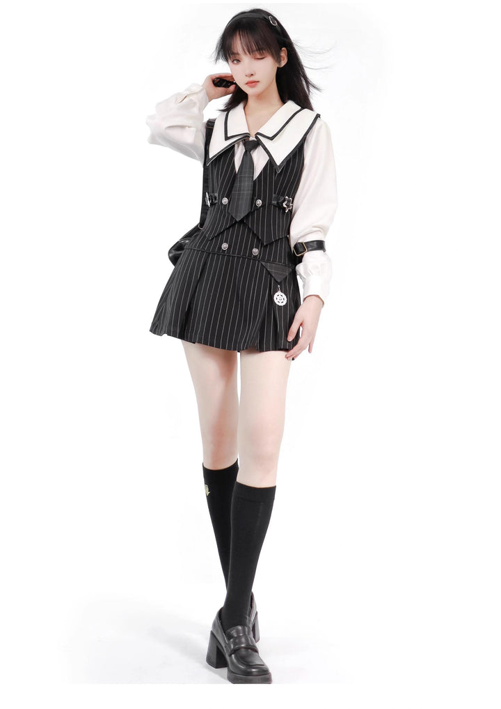 Black Striped Blazer Skirt with White Shirt Set 29366:355444 29366:355444