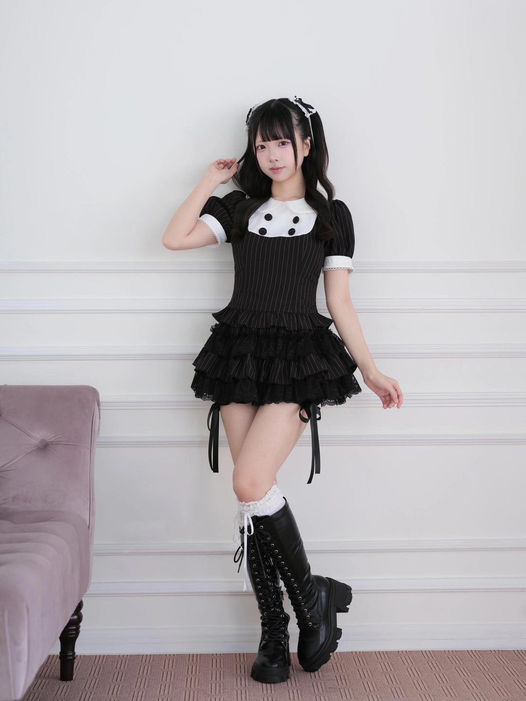 Jirai Kei Black Striped Top, Tiered Skort with Bows 45801:864164