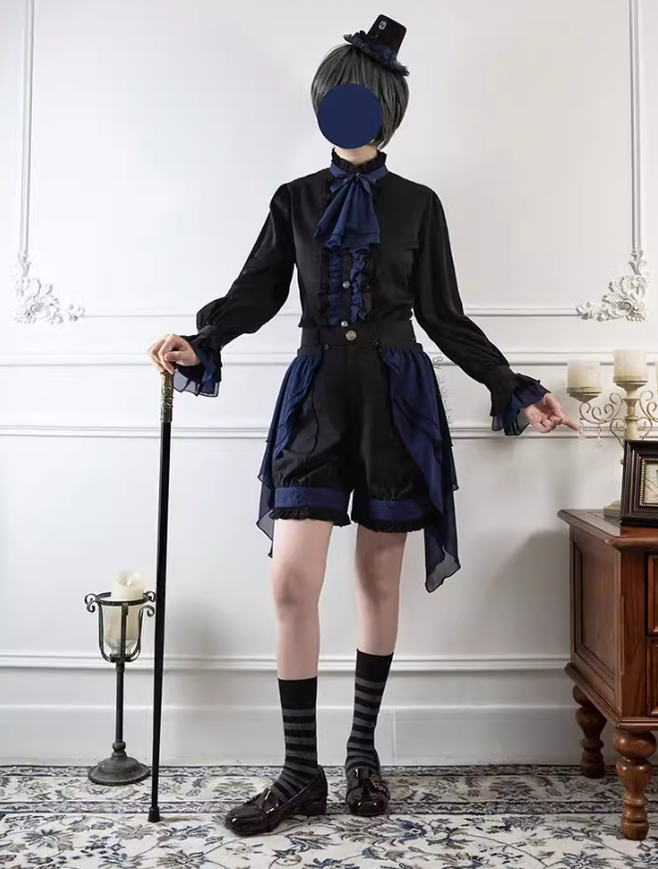 Ouji Lolita Prince Outfit Navy Blue Lolita Blouse Skirt Set 39360:633254