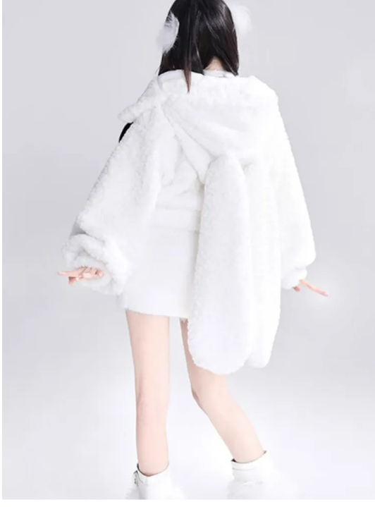 Jirai Kei Coat Black Plush Hooded Winter Coat Bunny Ear Coat 32396:384686