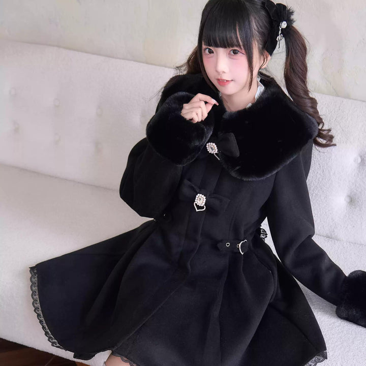 Jirai Kei Winter Coat Fur Collar Lace Coat With Bows 41410:698146