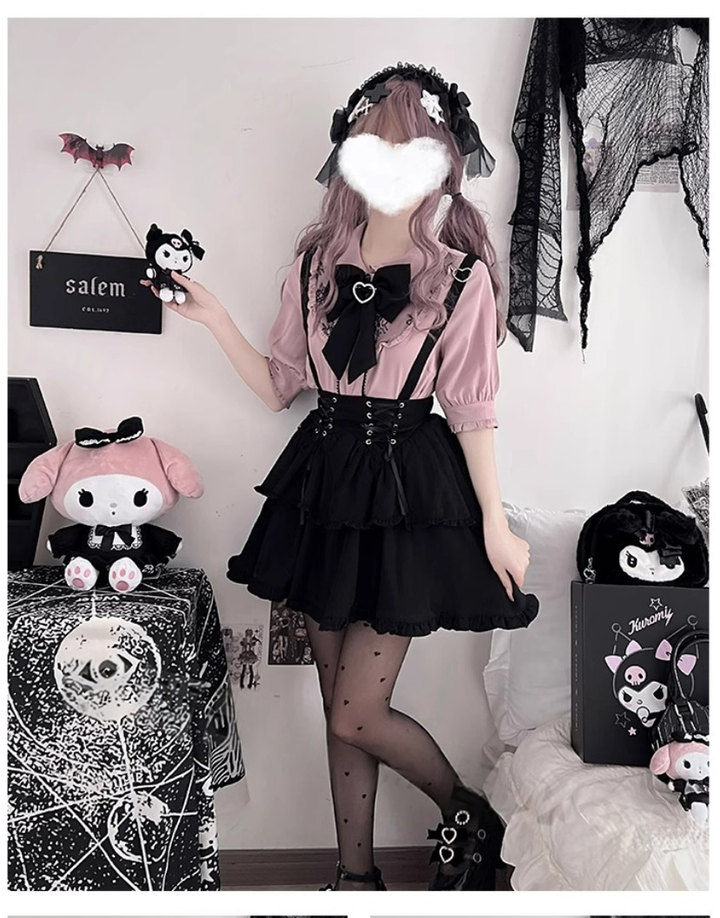 Jirai Kei Pink Blue Blouse Black Suspender Skirt Lace Up Skirt Set 21830:763227