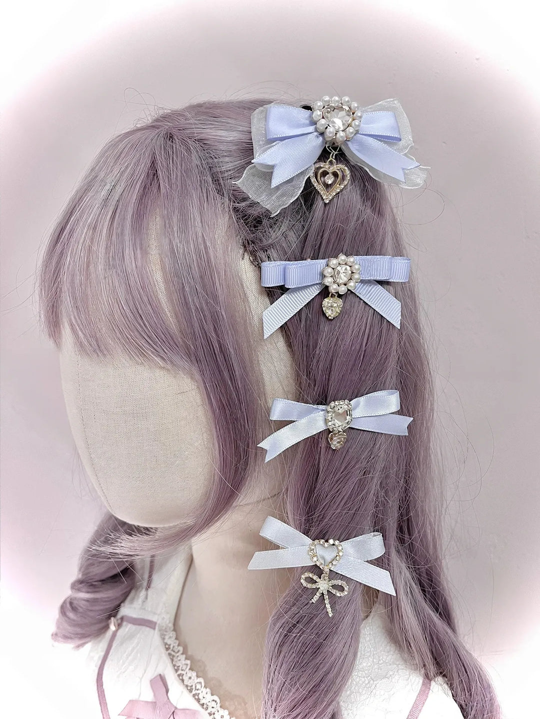 Jirai Kei Bow Hair Clips Set, Rhinestone & Pearl Accent 45776:866497