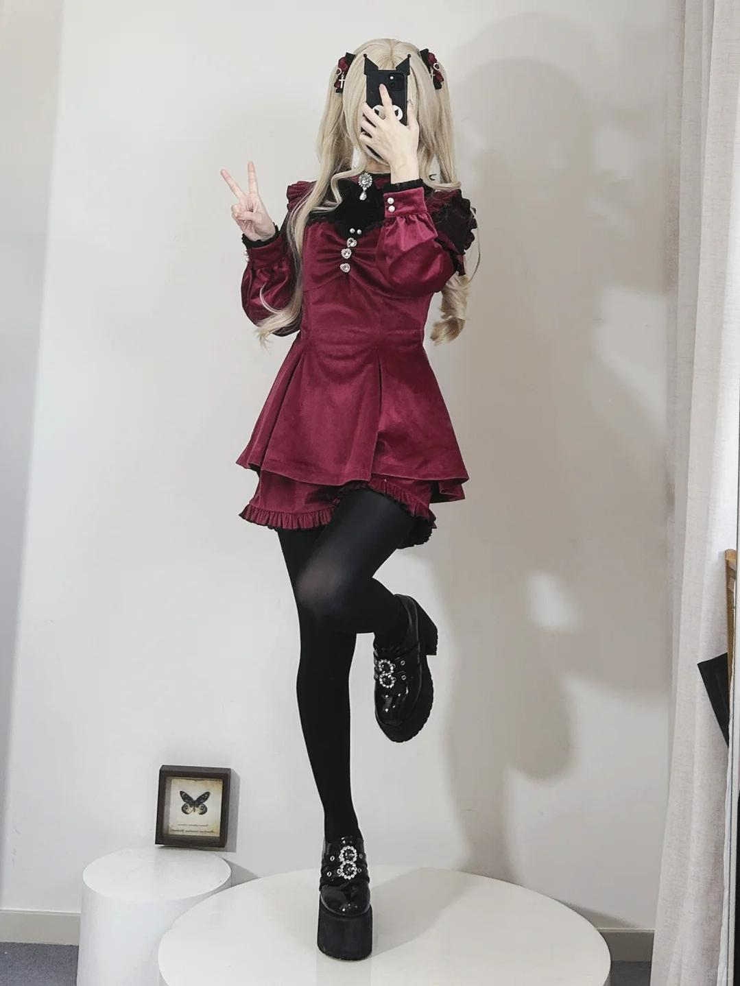 Jirai Kei Dress Set Red Black Long Sleeve Velvet Dress 41984:725771